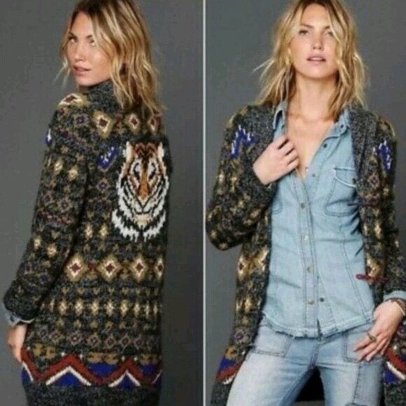 Free People Mascot Tiger Wool Blend Cardigan Sweater Coat Boho RARE Size Medium - Picture 2 of 10